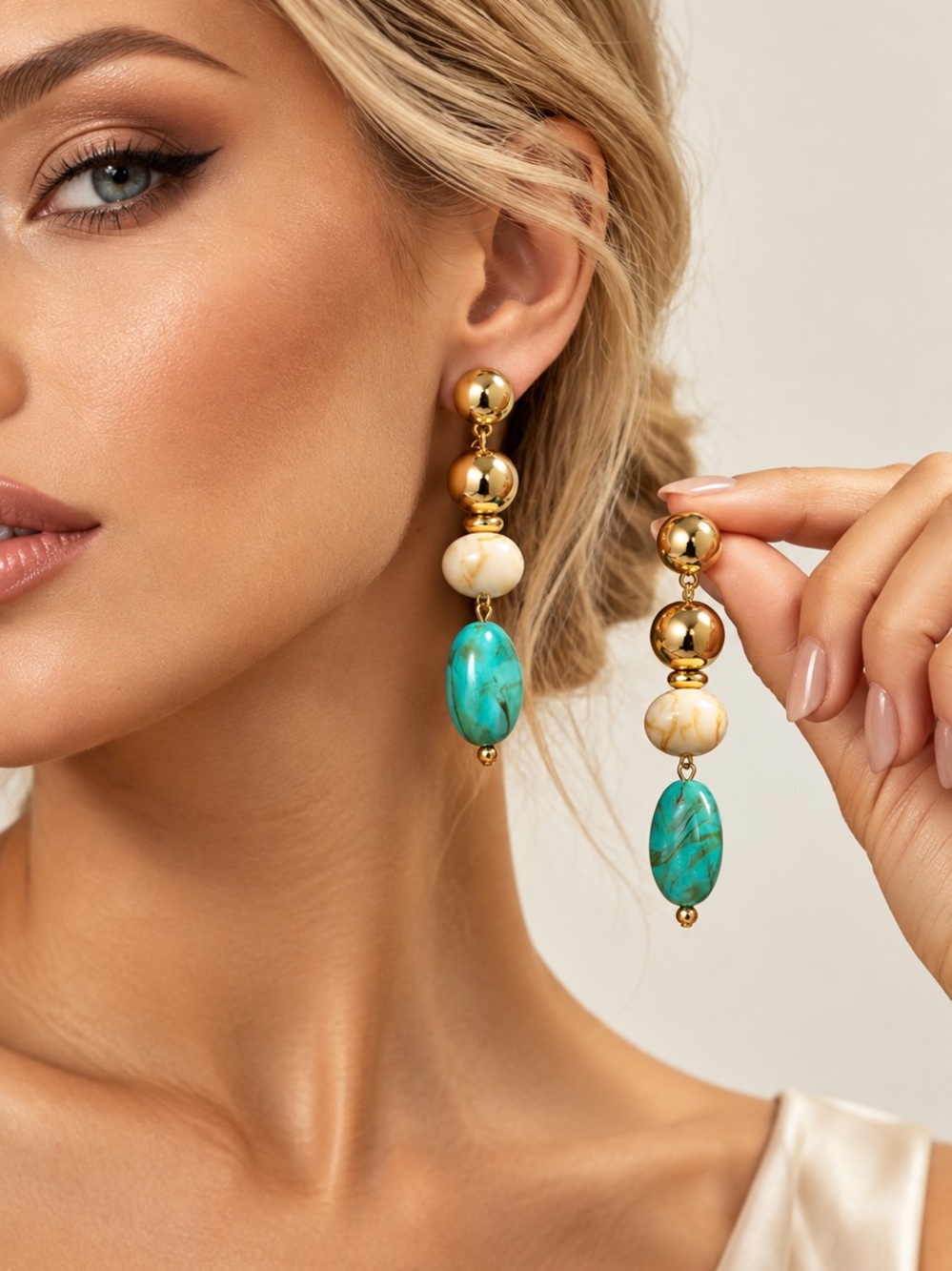 Gold and Turquoise Drop Earrings with Cream Beads